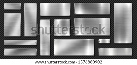 Metal banners. Realistic stainless steel boards with scratched grunge texture and silver shine. Vector metal signs and plates set, riveted image plaque or alloy plating on black transparent background Royalty-Free Stock Photo #1576880902