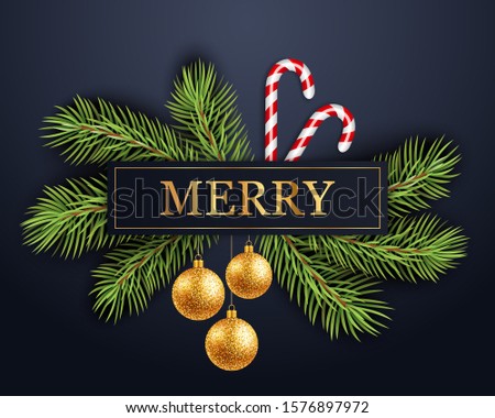 Merry. Gold text on black background. Winter background. Christmas tree, candy canes, christmas ornaments. Vector Illustration.