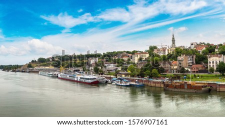 Belgrade cityscape from the Sava river in Serbia in a beautiful summer day Royalty-Free Stock Photo #1576907161