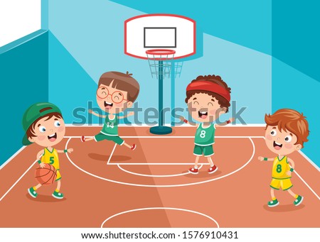 Little Kids Playing Basketball At Sport Hall