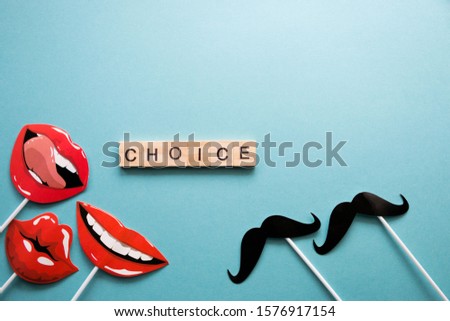 Saint Valentine, love, flatlay overhead top choice props emotion lips and mustache blue background copy space.