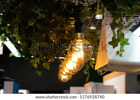 Beautiful bulbs glow in yellow. Designer decorative light bulbs with filaments hanging on the ceiling in the kitchen, kitchen design. Royalty-Free Stock Photo #1576928740