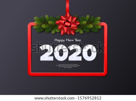 Holiday gift card. Happy New Year 2020. Snow numbers, fir tree branches garland and red frame with tied bow. Celebration decor. Vector poster for your design