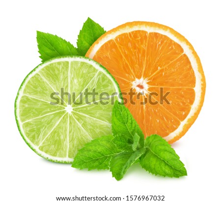 Multicolored composition with citrus fruits - lime and orange with mint isolated on a white background in full depth of field with clipping path.