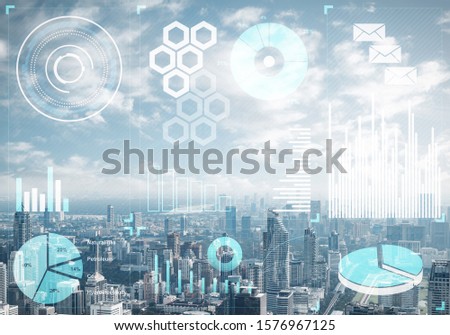 Stock market data on background of modern cityscape. Virtual interface of online trading platform. Digital economic indexes, complex financial analytics and statistics. Data analysis service.