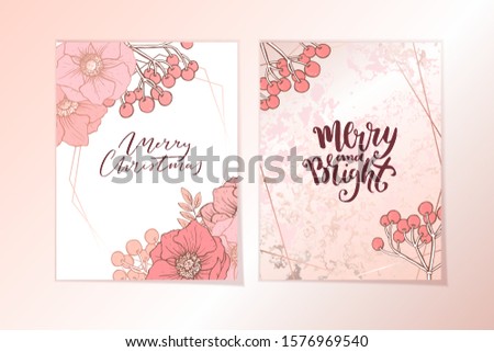 Elegant botaanical card template with flowers,  anemones,  berries , greenery and marble texture. Holiday,  Christmas greetings. New year invitation.
