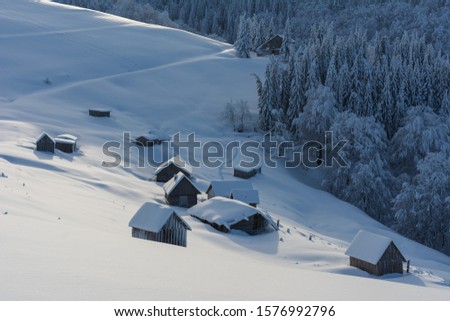 Wonderful morning in the mountainous valleys with houses in the Ukrainian Carpathians.	
