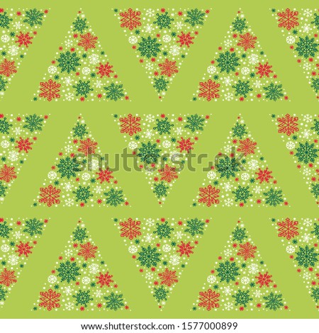 Christmas vector illustration with christmas tree and hand drawn snowflake, seamless pattern. Background for greeting card, invitation.