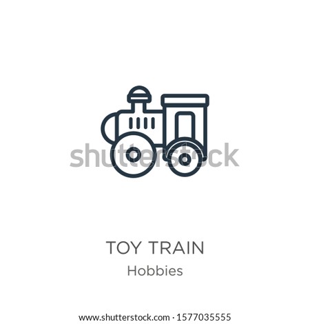 Toy train icon. Thin linear toy train outline icon isolated on white background from hobbies collection. Line vector sign, symbol for web and mobile