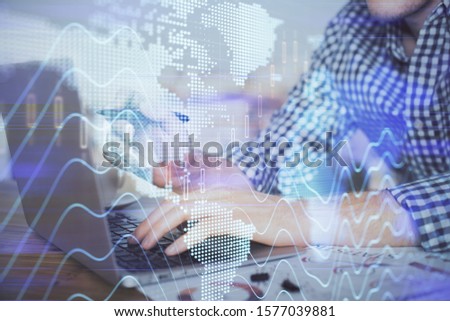 Double exposure of forex graph with man working on computer on background. Concept of market analysis.