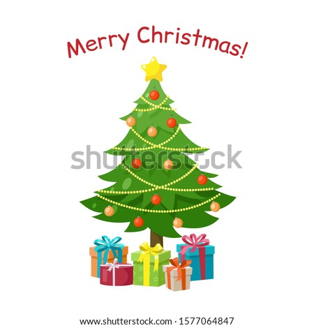 Decorated Christmas tree with star, gift boxes, balls and beaded garland, isolated on white background. New Year and Merry Christmas greeting card, poster, icon. Vector illustration in cartoon style