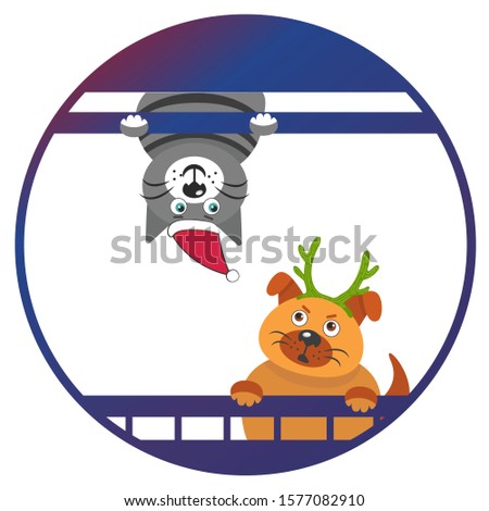 New year, christmas cat and dog. Funny pets in round frame looking at each other. Cute ginger cartoon puppy and grey smiling kitten in santa hat. Isolated on white background. Winter season characters