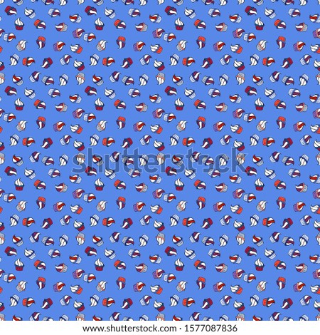 White, red and blue color. Cream. Wrapping paper. Endless pattern, white, red and blue background. Seamless pattern with sweet desserts.