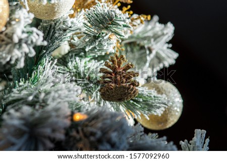 Frosted pine cone on Christmas tree decoration
