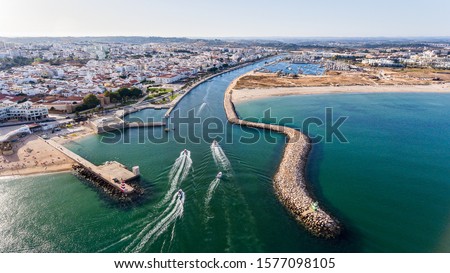 Aerial. Beautiful views of beaches of Lagos Town, from the sky. Portugal