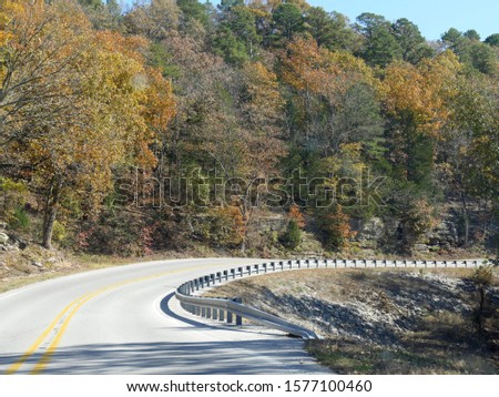 Beautiful colorful trees along a curbing paved road in Arkansas 
