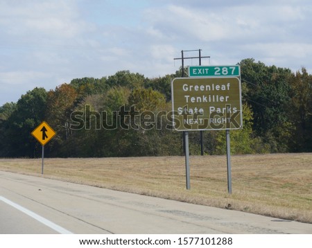Roadside directional sign to Greenleaf Tenkiller State Parks  in Oklahoma. 