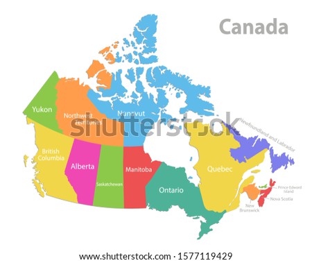 Canada map, administrative division, separate individual states with state names, color map isolated on white background vector