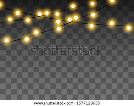 Lights bulbs isolated on transparent background. Christmas tree fairy lights wire string. Wedding or Party, New Year decor lamps. Chalkboard string lights bunches.