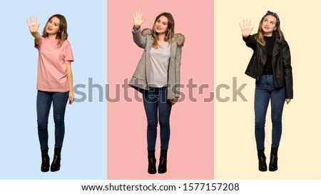 Set of teenager girl counting five with fingers