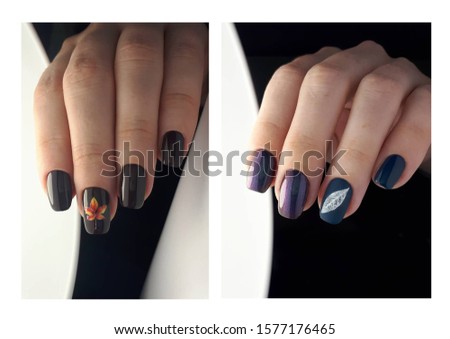 brown and blue nails with leaf design