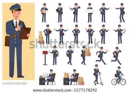 Set of Postman character vector design. Presentation in various action with emotions, running, standing and walking.  Royalty-Free Stock Photo #1577178292