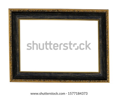 Old black wooden frame with gold borders isolated on white