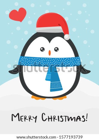 Cute happy cartoon penguin with Santa red hat and blue scarf greeting card for Merry Christmas and New Year’s celebration under snow with love heart vector illustration.