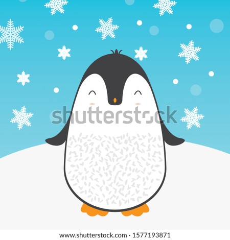 Cute cartoon penguin greeting card for Merry Christmas and New Year’s celebration under snowflakes and snow vector illustration.