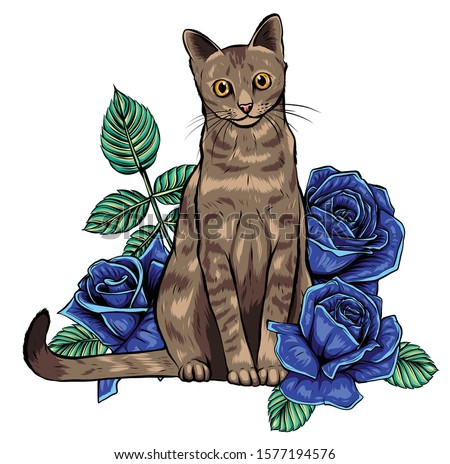 hand drawn ink doodle cat and flowers on white background.