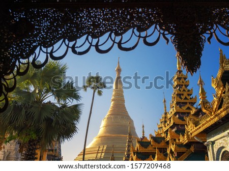 Shwedagon Paya pagoda Myanmer famous sacred place and tourist attraction landmark.Yangon, Myanmar.