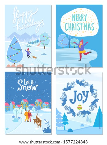 Collection of greeting cards for winter holidays congratulation. People celebrating xmas in city. Kid with sleds pulling sleigh. Figure skating child on ice rink. Wreath with pine and mistletoe vector