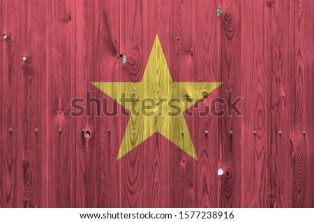 Vietnam flag depicted in bright paint colors on old wooden wall. Textured banner on rough background