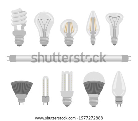 Light bulbs realistic vector illustrations set. Different lightbulb types with various shapes isolated on white background. Halogen, led, incandescent, energy saving and CFL lamps. Modern illumination Royalty-Free Stock Photo #1577272888
