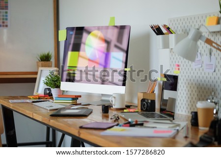 Cropped shot view designer graphic creative creativity work tablet designing design artist coloring colour ideas style networking human notebook pattern place. Royalty-Free Stock Photo #1577286820