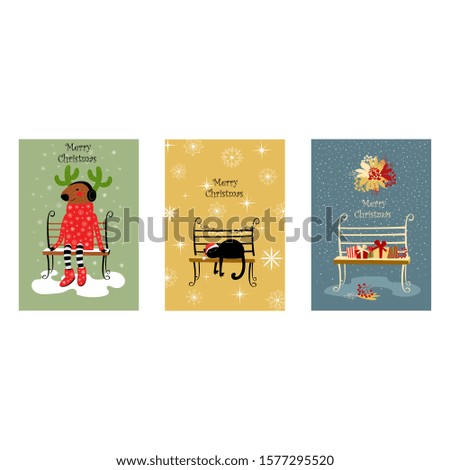 set of vector Christmas cards. a deer in a sweater with cactus horns. cat on the bench. illustrations with bench