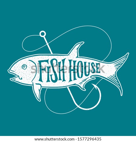 Fish house logo badge lettering typography text on big tuna fish with fishing hook vector illustration