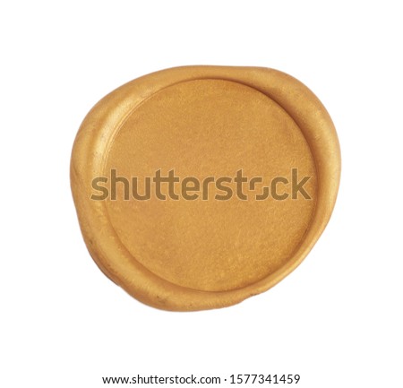 Gold wax seal isolated on white background. Empty stamp overview. Royalty-Free Stock Photo #1577341459