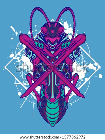 mechanical grasshopper steampunk illustration and tshirt design