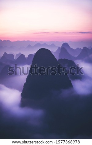 Sunrise of the city of Yangshuo in China's Guilin Province.