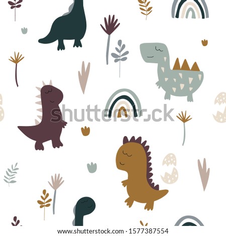 Hand drawn seamless pattern with 
dinosaurs. Scandinavian background for kids. Perfect for textile, posters, wallpapers, wrapping paper, apparel, packaging. Vector illustration 