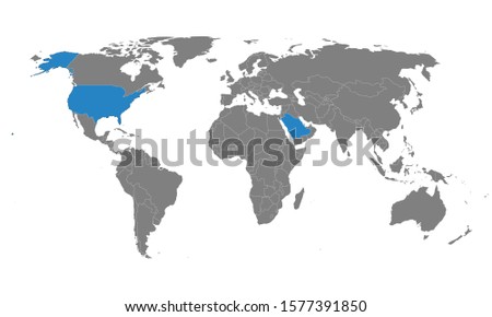 USA, Saudi Arabia map highlighted blue on world map gray background. Perfect for Backgrounds, backdrop, business concepts and wallpapers.