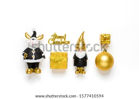  elf, deer, gift box, bauble decorated with gold sparkle in black, golden color isolated on white background. Happy New Year, Merry Christmas concept Holiday card Flat lay Top view Scandinavian style