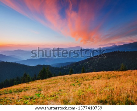 Calm evening landscape in the mountains at sunset. Picture of colorful cloudy sky. Location place of Carpathian national park, Ukraine, Europe. Idyllic natural wallpaper. Discover the beauty of earth.