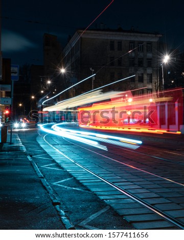 Tramway light track in Moscow at night