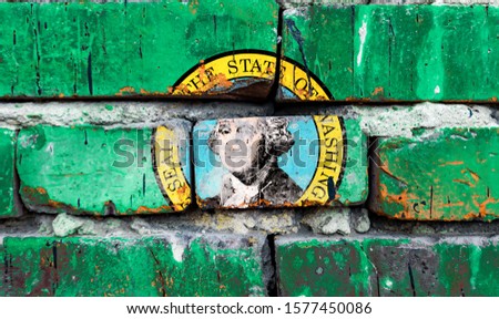 Washington grunge, damaged, scratch, old style united states flag on brick wall.