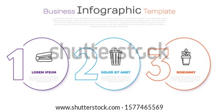Set line Office stapler, Trash can and Flowers in pot. Business infographic template. Vector