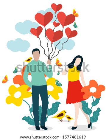 Happy lovers. A young couple. Heart, love and flowers.