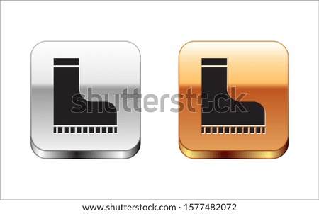 Black Waterproof rubber boot icon isolated on white background. Gumboots for rainy weather, fishing, gardening. Silver-gold square button. Vector Illustration