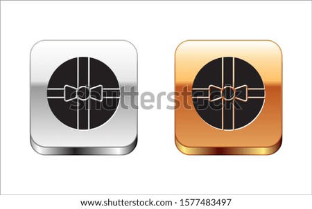 Black Gift box icon isolated on white background. Merry Christmas and Happy New Year. Silver-gold square button. Vector Illustration